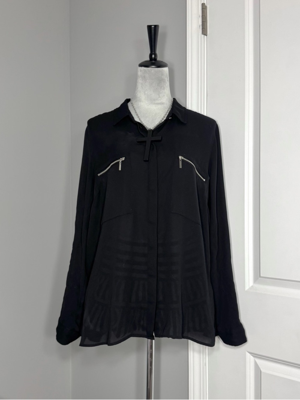 APT. 9 Semi Sheer Black Convertible Button Up Blouse with Zipper Detail